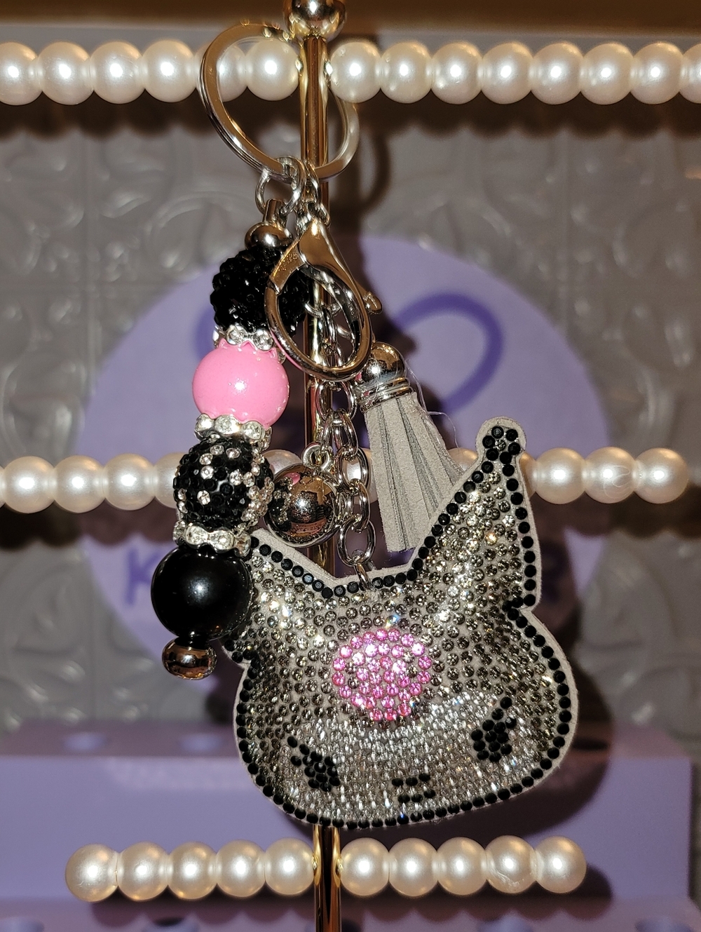 NWT-Custom Cute Rhinestone Kuromi Keychain/Bag Charm w/Tassle &Beaded Bar